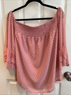 Women’s Off-Shoulder Swiss Dot Blouse in Light Coral